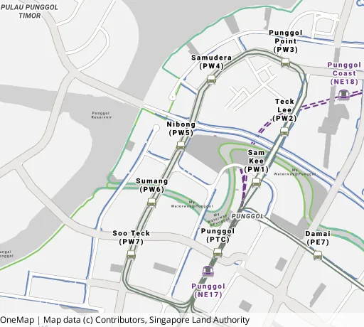 Map of the area around Blk 312A Sumang Link in Punggol, showing 400 m and 1 km rings and 4 primary schools within 1 km