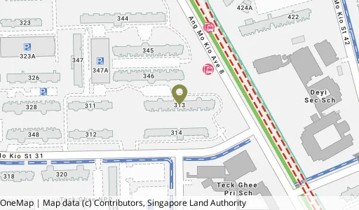Location map of Blk 313 Ang Mo Kio Ave 3, a HDB resale block in Ang Mo Kio, Singapore