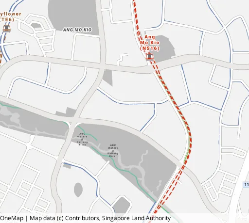 Map of the area around Blk 319 Ang Mo Kio Ave 1 in Ang Mo Kio, showing 400 m and 1 km rings and 4 primary schools within 1 km