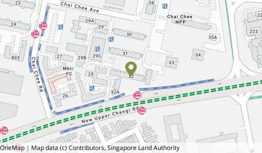 Location map of Blk 32 Chai Chee Ave, a HDB resale block in Bedok, Singapore