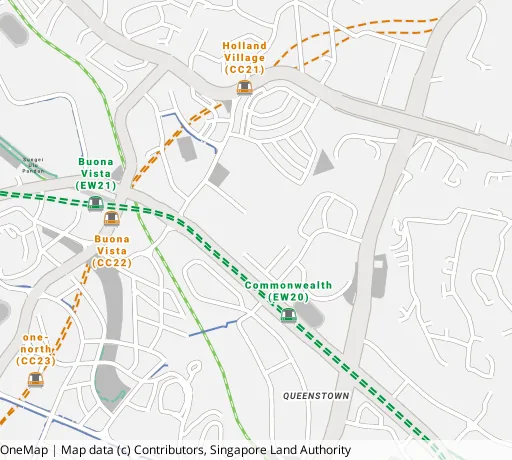 Map of the area around Blk 32 Holland Cl in Queenstown, showing 400 m and 1 km rings and 1 primary school within 1 km