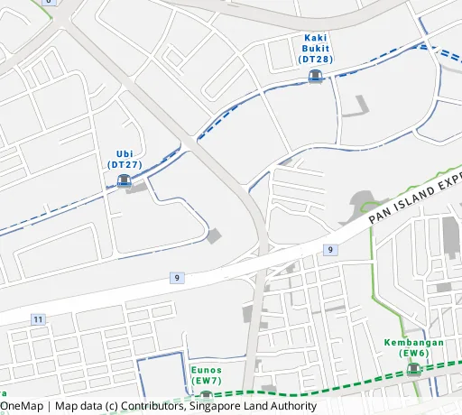 Map of the area around Blk 320 Ubi Ave 1 in Geylang, showing 400 m and 1 km rings and 2 primary schools within 1 km