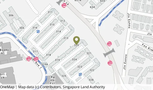 Location map of Blk 320 Ubi Ave 1, a HDB resale block in Geylang, Singapore