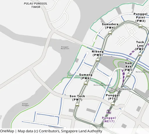 Map of the area around Blk 322B Sumang Walk in Punggol, showing 400 m and 1 km rings and 2 primary schools within 1 km