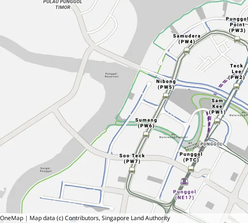 Map of the area around Blk 322C Sumang Walk in Punggol, showing 400 m and 1 km rings and 3 primary schools within 1 km