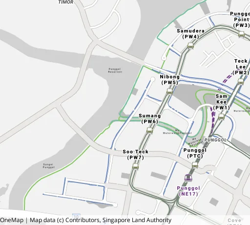 Map of the area around Blk 322D Sumang Walk in Punggol, showing 400 m and 1 km rings and 3 primary schools within 1 km