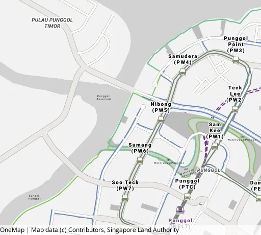 Map of the area around Blk 323B Sumang Walk in Punggol, showing 400 m and 1 km rings and 2 primary schools within 1 km