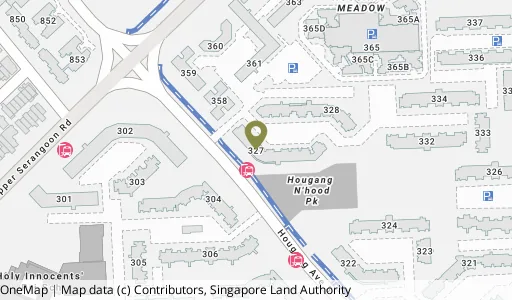 Location map of Blk 327 Hougang Ave 5, a HDB resale block in Hougang, Singapore