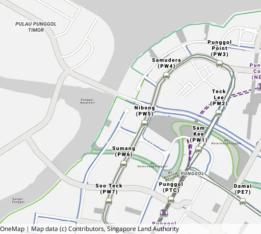 Map of the area around Blk 327A Sumang Walk in Punggol, showing 400 m and 1 km rings and 3 primary schools within 1 km
