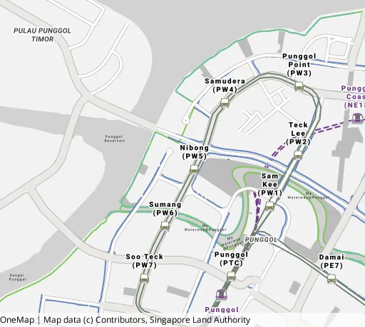 Map of the area around Blk 327B Sumang Walk in Punggol, showing 400 m and 1 km rings and 3 primary schools within 1 km