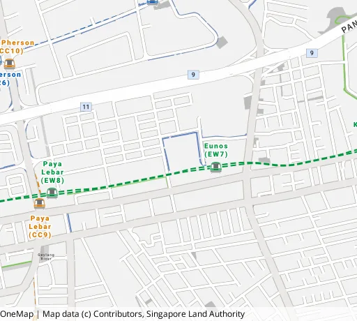 Map of the area around Blk 33 Eunos Cres in Geylang, showing 400 m and 1 km rings and 2 primary schools within 1 km