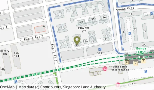 Location map of Blk 33 Eunos Cres, a HDB resale block in Geylang, Singapore