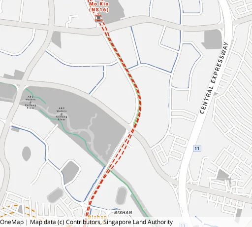 Map of the area around Blk 332 Ang Mo Kio Ave 1 in Ang Mo Kio, showing 400 m and 1 km rings and 2 primary schools within 1 km