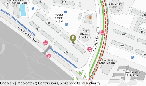 Location map of Blk 332 Ang Mo Kio Ave 1, a HDB resale block in Ang Mo Kio, Singapore