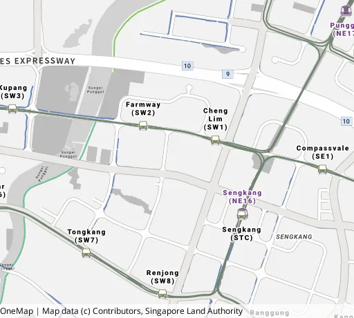 Map of the area around Blk 332B Anchorvale Link in Sengkang, showing 400 m and 1 km rings and 4 primary schools within 1 km