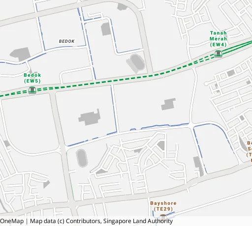 Map of the area around Blk 34 Bedok Sth Ave 2 in Bedok, showing 400 m and 1 km rings and 2 primary schools within 1 km