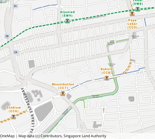 Map of the area around Blk 34 Cassia Cres in Geylang, showing 400 m and 1 km rings and 2 primary schools within 1 km