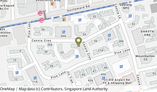 Location map of Blk 34 Cassia Cres, a HDB resale block in Geylang, Singapore