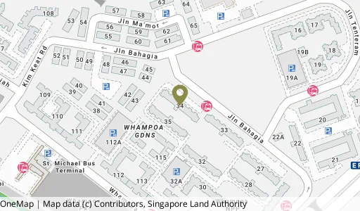 Location map of Blk 34 Jln Bahagia, a HDB resale block in Kallang/Whampoa, Singapore