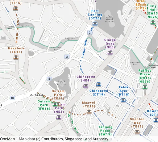 Map of the area around Blk 34 Upp Cross St in Central Area, showing 400 m and 1 km rings and 7 hawker centres within 1 km