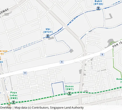 Map of the area around Blk 341 Ubi Ave 1 in Geylang, showing 400 m and 1 km rings and 1 primary school within 1 km