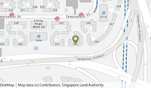 Location map of Blk 342 Tampines St 33, a HDB resale block in Tampines, Singapore