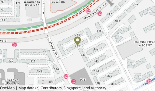 Location map of Blk 344 Woodlands St 32, a HDB resale block in Woodlands, Singapore