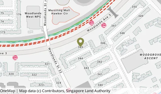 Location map of Blk 345 Woodlands St 32, a HDB resale block in Woodlands, Singapore