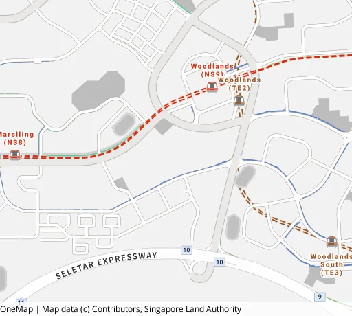 Map of the area around Blk 351 Woodlands Ave 1 in Woodlands, showing 400 m and 1 km rings and 5 primary schools within 1 km