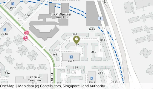 Location map of Blk 359 Tampines St 34, a HDB resale block in Tampines, Singapore