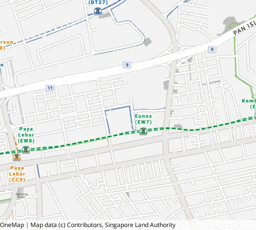 Map of the area around Blk 36 Eunos Cres in Geylang, showing 400 m and 1 km rings and 1 primary school within 1 km