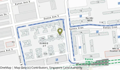 Location map of Blk 36 Eunos Cres, a HDB resale block in Geylang, Singapore
