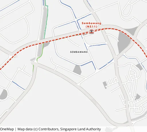 Map of the area around Blk 365B Sembawang Cres in Sembawang, showing 400 m and 1 km rings and 2 primary schools within 1 km