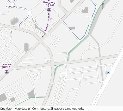 Map of the area around Blk 377A Hougang St 32 in Hougang, showing 400 m and 1 km rings and 2 primary schools within 1 km