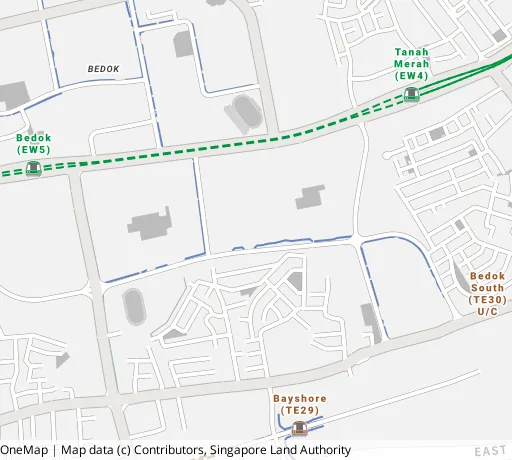 Map of the area around Blk 39 Bedok Sth Rd in Bedok, showing 400 m and 1 km rings and 2 primary schools within 1 km