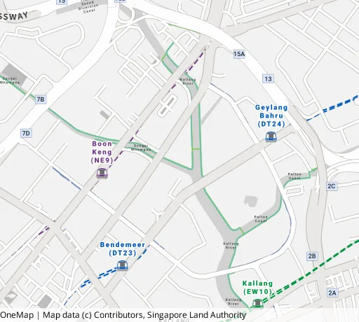 Map of the area around Blk 39A Bendemeer Rd in Kallang/Whampoa, showing 400 m and 1 km rings and 2 primary schools within 1 km