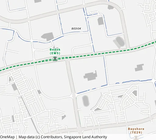 Map of the area around Blk 4 Bedok Sth Ave 1 in Bedok, showing 400 m and 1 km rings and 2 primary schools within 1 km