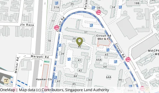 Location map of Blk 40 Circuit Rd, a HDB resale block in Geylang, Singapore