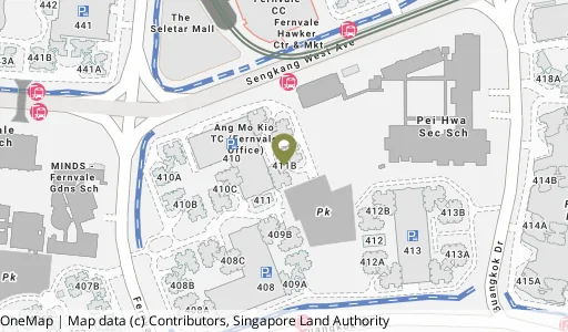 Location map of Blk 411B Fernvale Rd, a HDB resale block in Sengkang, Singapore