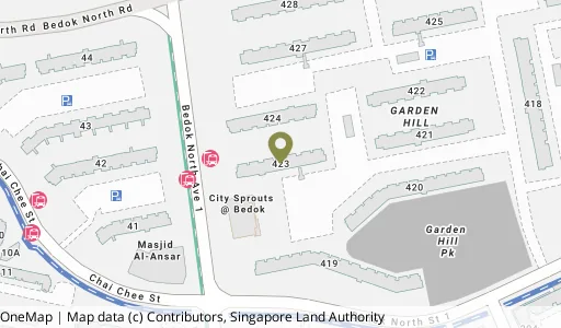 Location map of Blk 423 Bedok Nth Ave 1, a HDB resale block in Bedok, Singapore