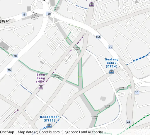 Map of the area around Blk 44 Bendemeer Rd in Kallang/Whampoa, showing 400 m and 1 km rings and 1 primary school within 1 km