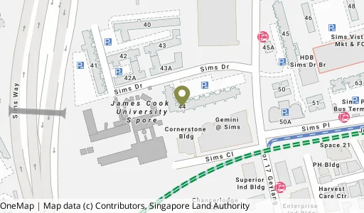Location map of Blk 44 Sims Dr, a HDB resale block in Geylang, Singapore