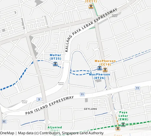Map of the area around Blk 45 Circuit Rd in Geylang, showing 400 m and 1 km rings and 1 primary school within 1 km