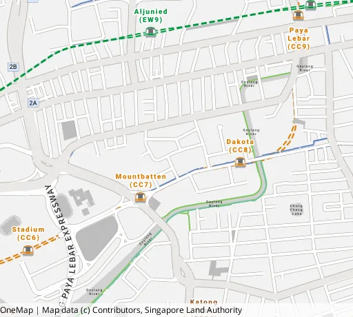 Map of the area around Blk 45 Jln Tiga in Geylang, showing 400 m and 1 km rings and 2 primary schools within 1 km