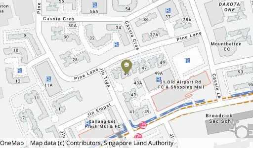 Location map of Blk 45 Jln Tiga, a HDB resale block in Geylang, Singapore