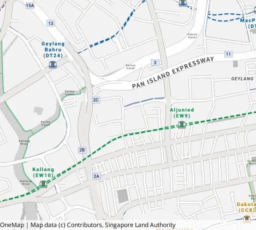 Map of the area around Blk 45 Sims Dr in Geylang, showing 400 m and 1 km rings and 1 primary school within 1 km