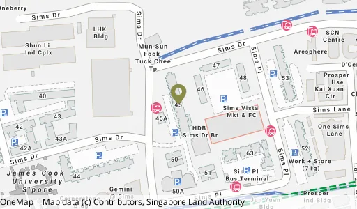 Location map of Blk 45 Sims Dr, a HDB resale block in Geylang, Singapore
