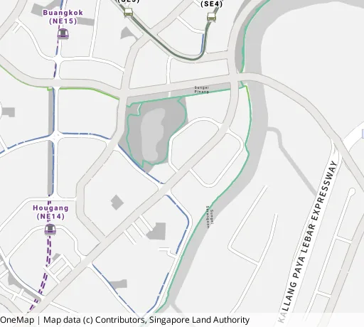 Map of the area around Blk 475D Upp Serangoon Cres in Hougang, showing 400 m and 1 km rings and 3 primary schools within 1 km