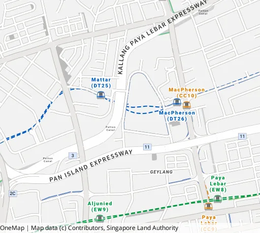 Map of the area around Blk 49 Circuit Rd in Geylang, showing 400 m and 1 km rings and 2 primary schools within 1 km