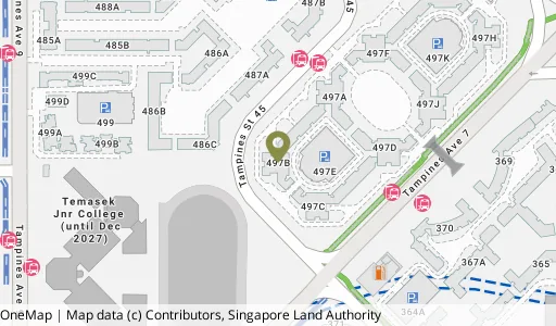 Location map of Blk 497B Tampines St 45, a HDB resale block in Tampines, Singapore